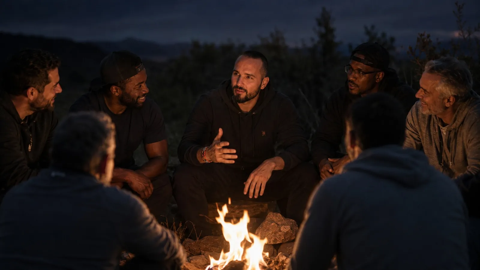 Jonathan and a group of men talking around a fire at dusk