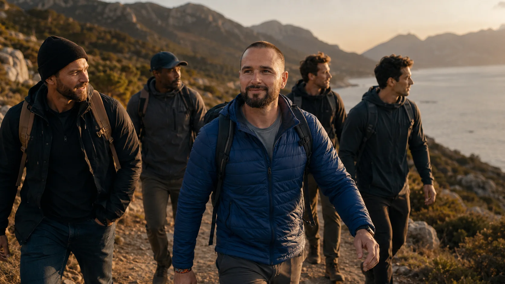 Jonathan walking the coast with other men from the Men Built For More community